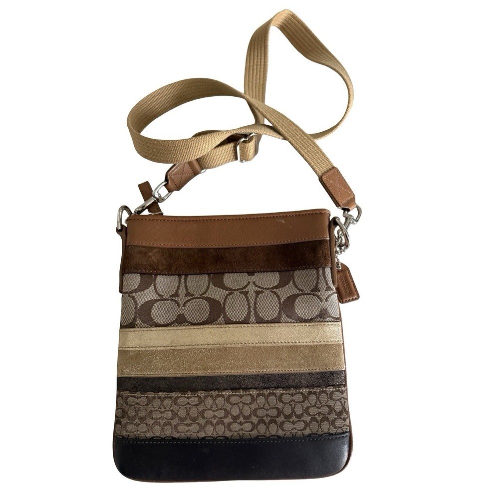 Coach patchwork stripes brown leather Signature Canvas Crossbody Bag